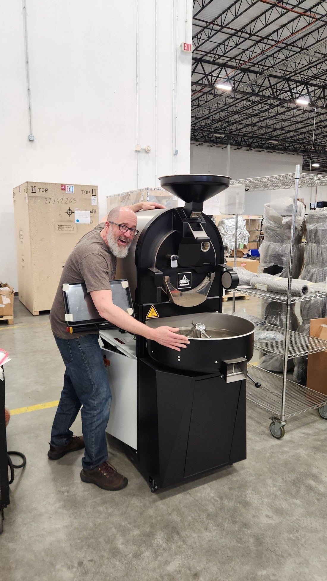Aaron Grimeau at the Probat factory picking up his Probat P05e roaster 