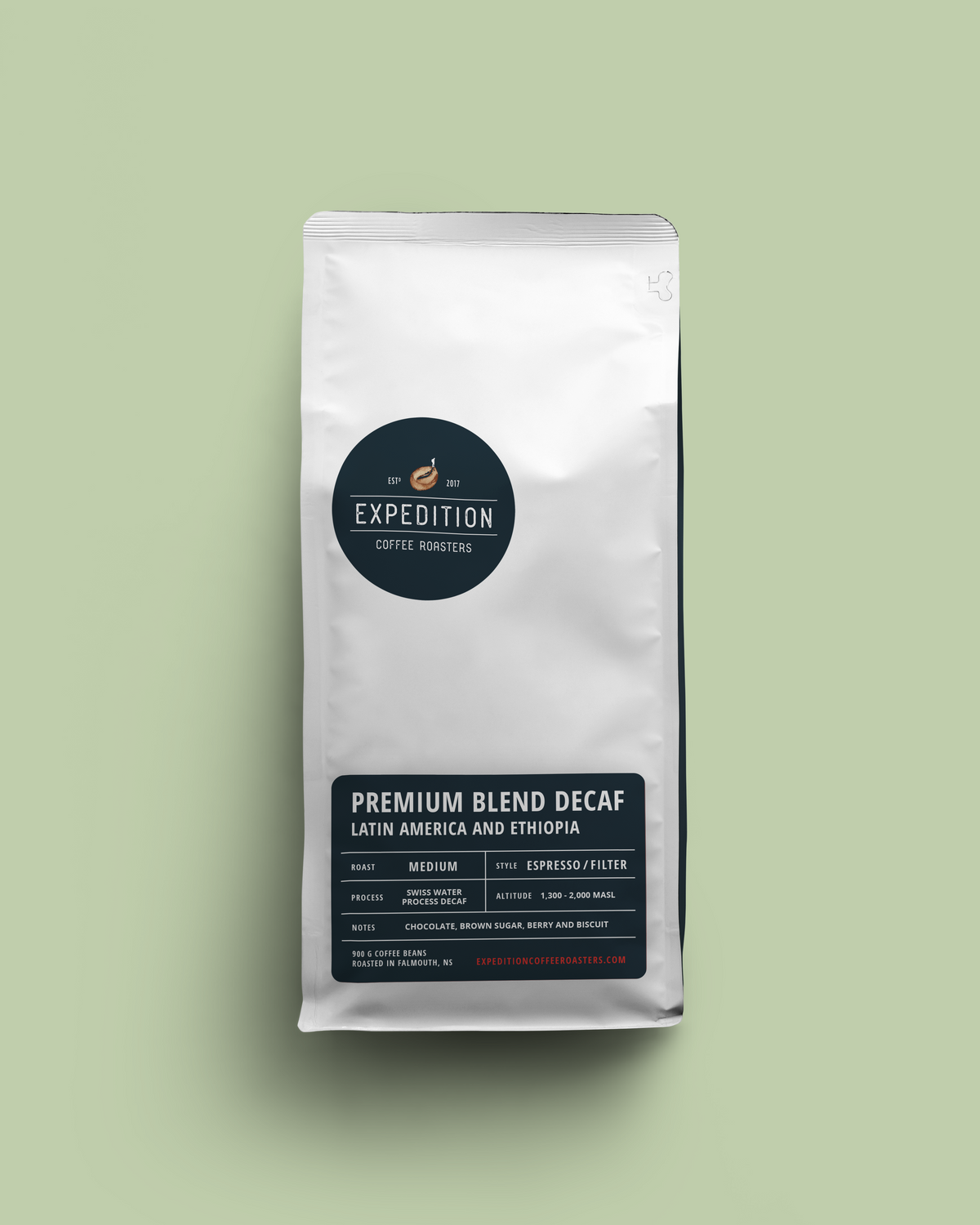 Coffee package with 900g of Expedition Coffee Roasters beans, label on a light green background
