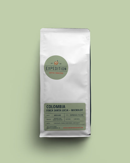 Coffee bag labeled 'Expedition Coffee' on a light green background