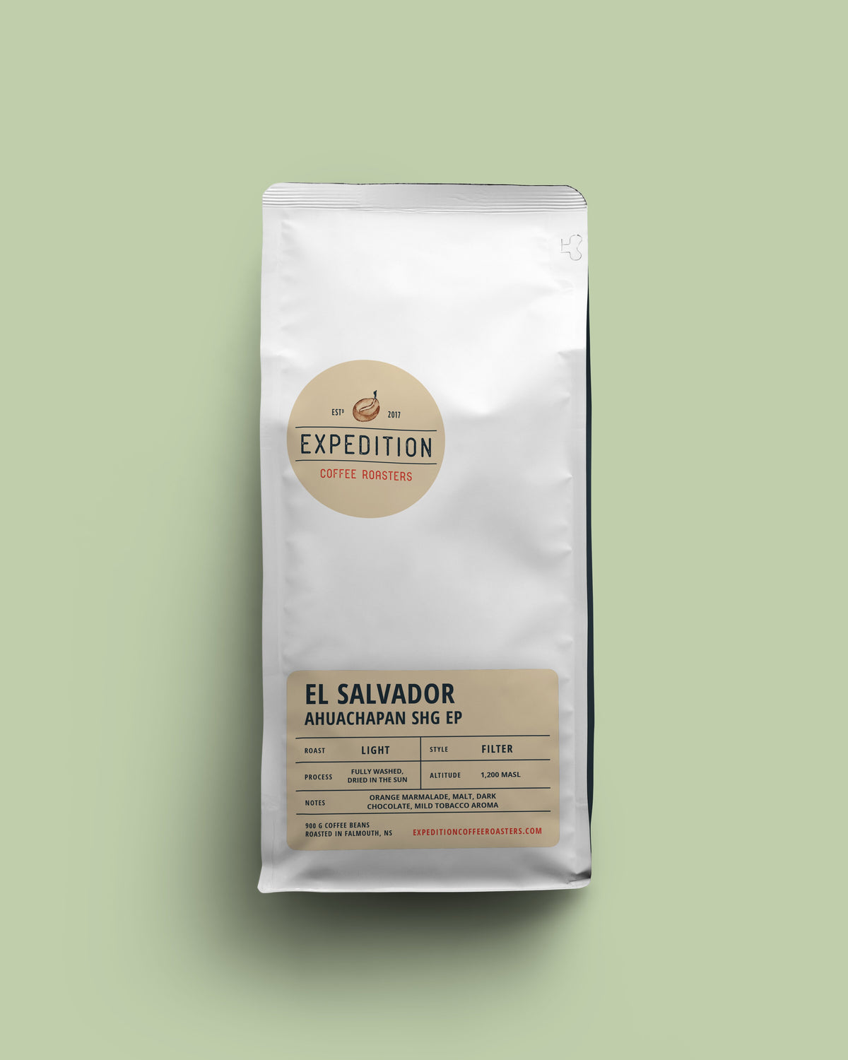 El Salvador Coffee bag labeled 'Expedition Coffee Roasters' on a light green background